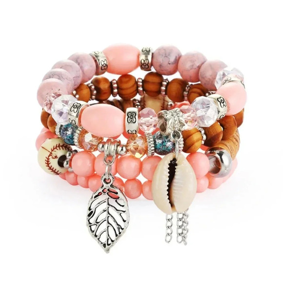 Multilayered Pink Bohemian beaded Shell & Leaf Charm Stretch bracelet - Picture 1 of 1
